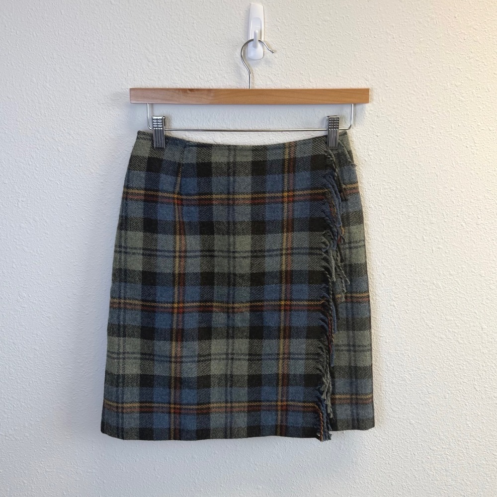Vtg Talbots Wool Plaid Fringe Skirt‎ Sz 4 Faux Wrap Preppy School Girl Career
